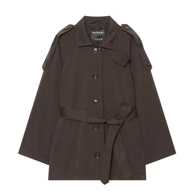 Damen Taillierter Cape‑Trenchcoat mit Bindegürtel und Schulterpatten Drune
