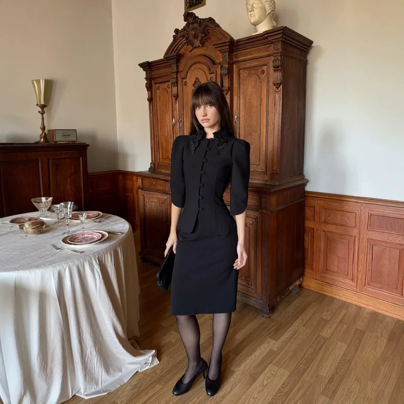 Damen Taillierter Blazer mit besticktem Schalkragen und Puffärmeln Drune