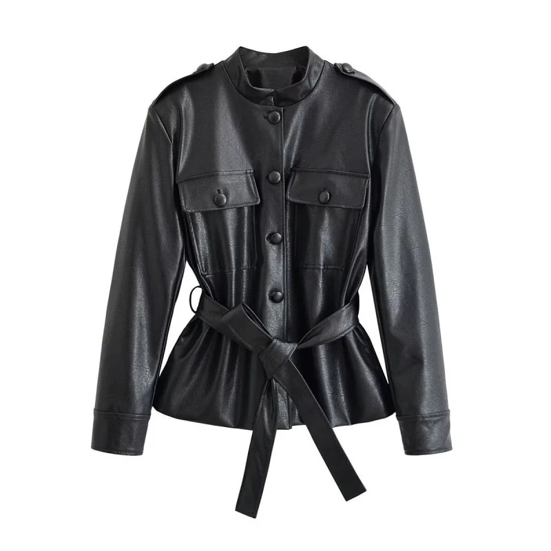 Damen Taillierte Utility‑Jacke aus Kunstleder mit Stehkragen, aufgesetzten Brusttaschen und Bindegürtel Drune