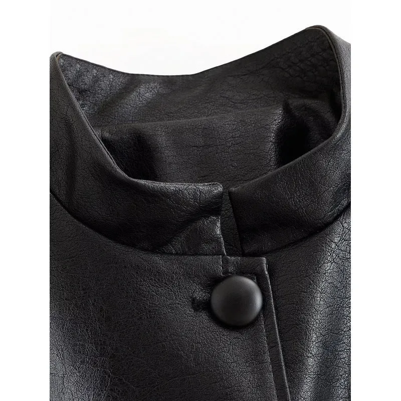 Damen Taillierte Utility‑Jacke aus Kunstleder mit Stehkragen, aufgesetzten Brusttaschen und Bindegürtel Drune