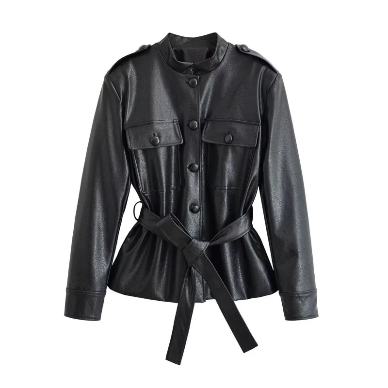 Damen Taillierte Utility‑Jacke aus Kunstleder mit Stehkragen, aufgesetzten Brusttaschen und Bindegürtel Drune