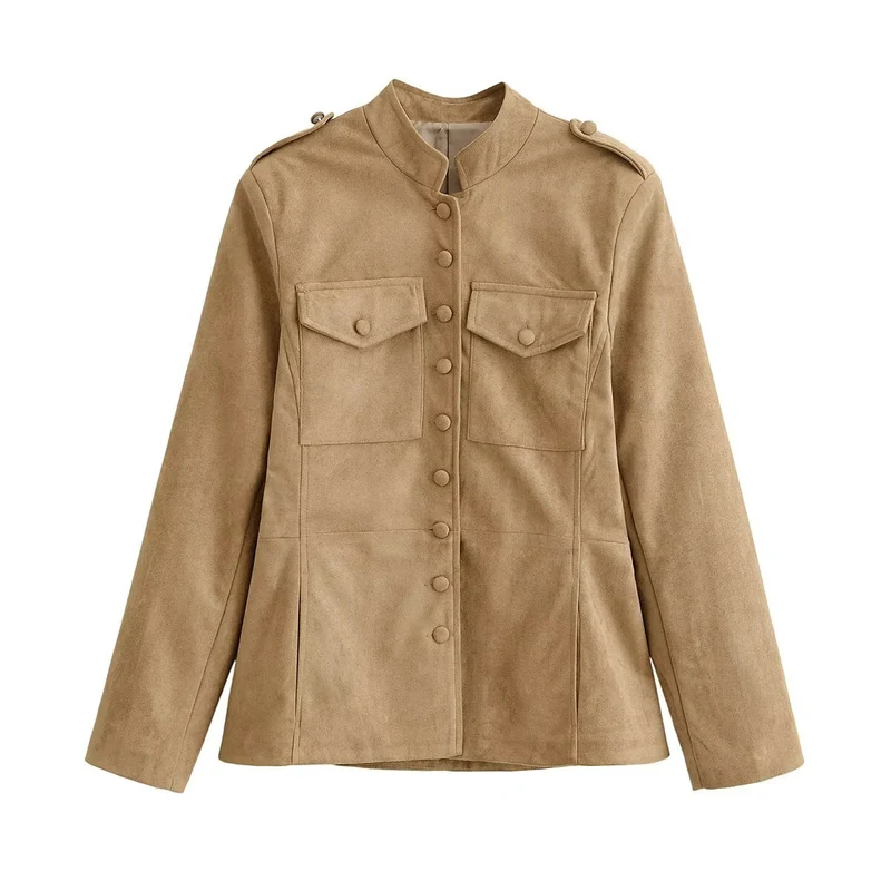 Damen Taillierte Safarijacke aus Wildlederoptik mit Stehkragen und Zierknöpfen Drune