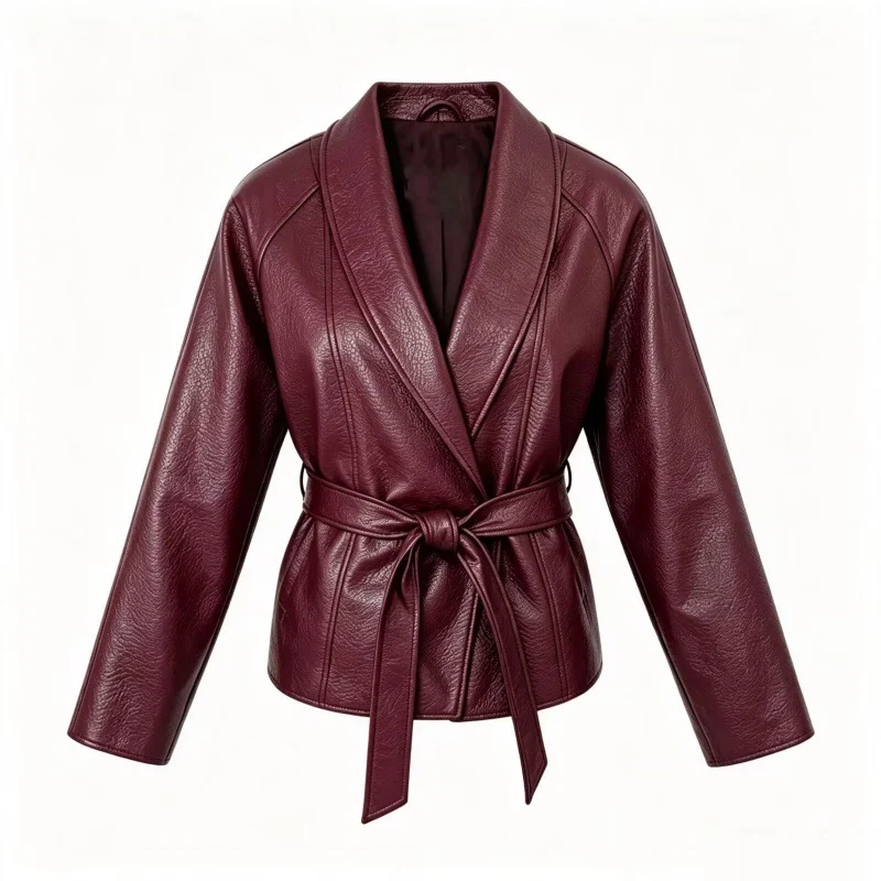 Damen Taillierte Kunstlederjacke mit Schalkragen und Bindegürtel Drune