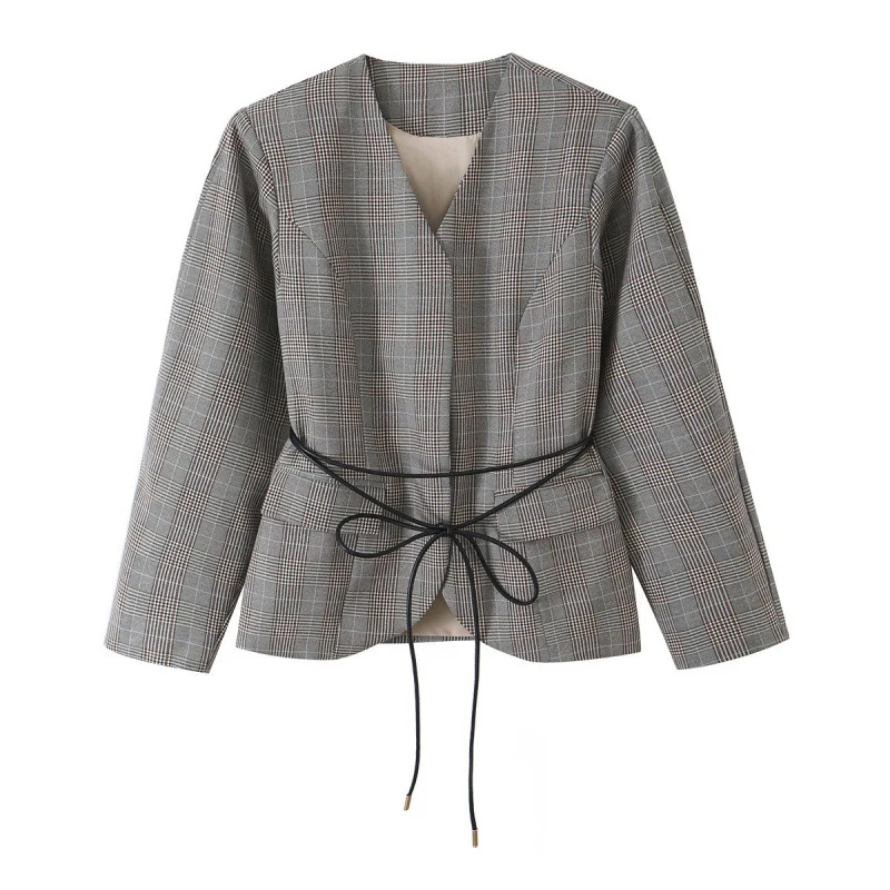 Damen Taillierte Kastenblazerjacke im Glencheck mit V‑Ausschnitt und Kordel‑Bindegürtel Drune