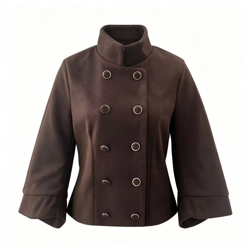 Damen Taillierte Double‑Breasted Kurzjacke mit Stehkragen und Glockenärmeln Drune