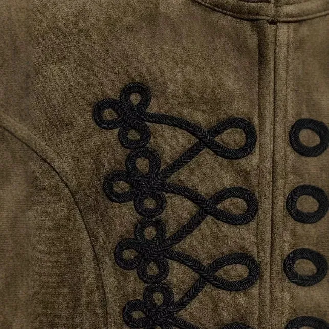 Damen Taillierte Cropped‑Wildlederjacke im Military‑Look mit Mandarinkragen und dekorativen Kordelapplikationen Drune