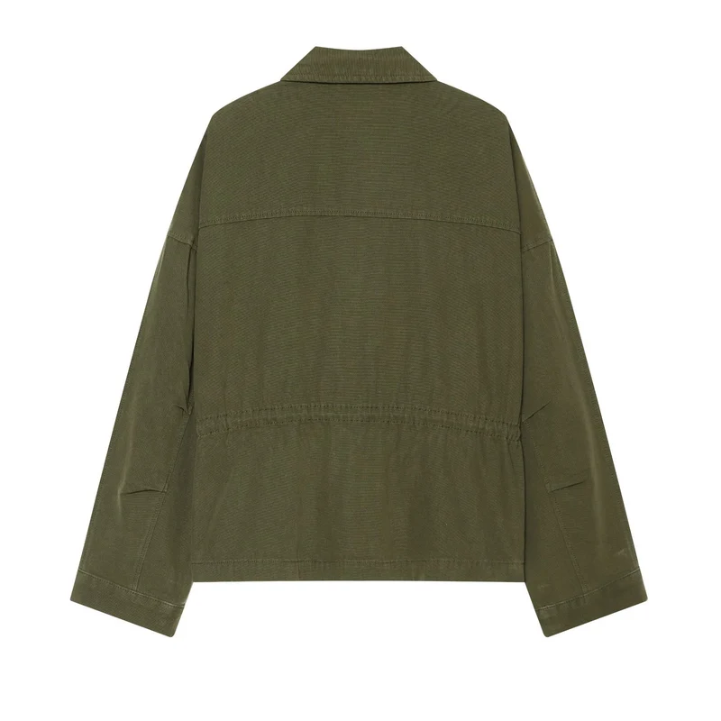 Damen Taillierte Cropped Utility‑Jacke mit durchgehendem Reißverschluss und Pattentaschen Drune