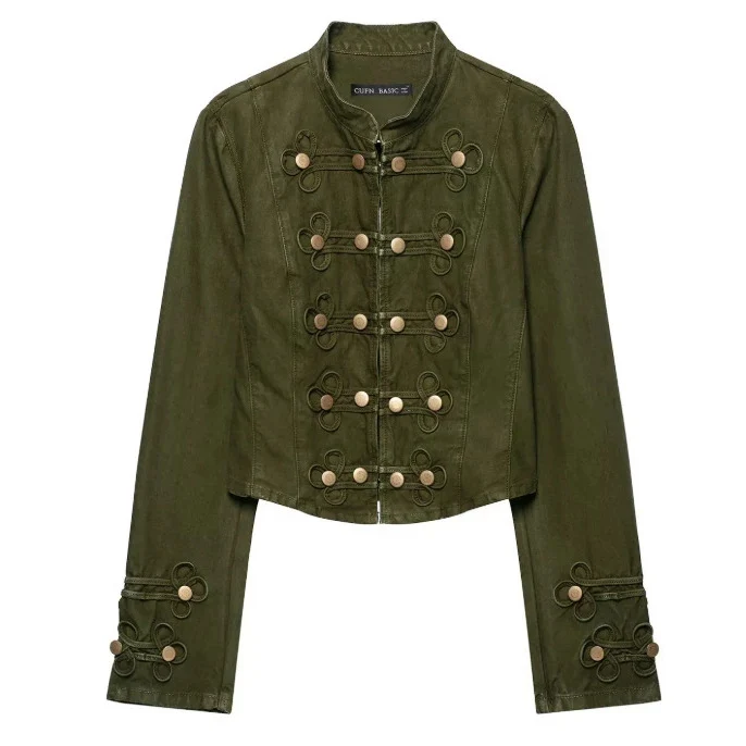 Damen Taillierte Cropped‑Militärjacke mit Zierknopfleiste und Stehkragen Drune