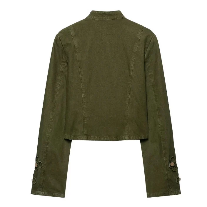 Damen Taillierte Cropped‑Militärjacke mit Zierknopfleiste und Stehkragen Drune