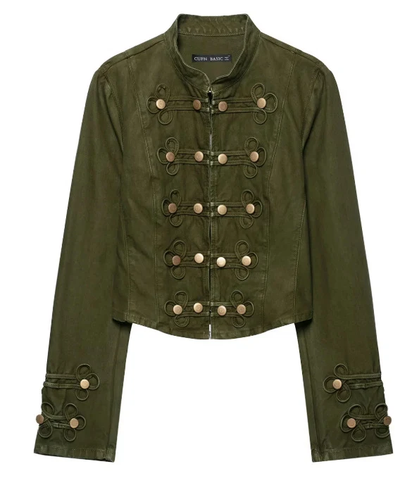 Damen Taillierte Cropped‑Militärjacke mit Zierknopfleiste und Stehkragen Drune