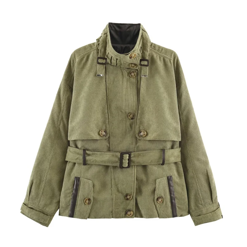 Damen Taillierte Cord‑Kurzjacke mit Bindegürtel, hohem Stehkragen und Pattentaschen Drune