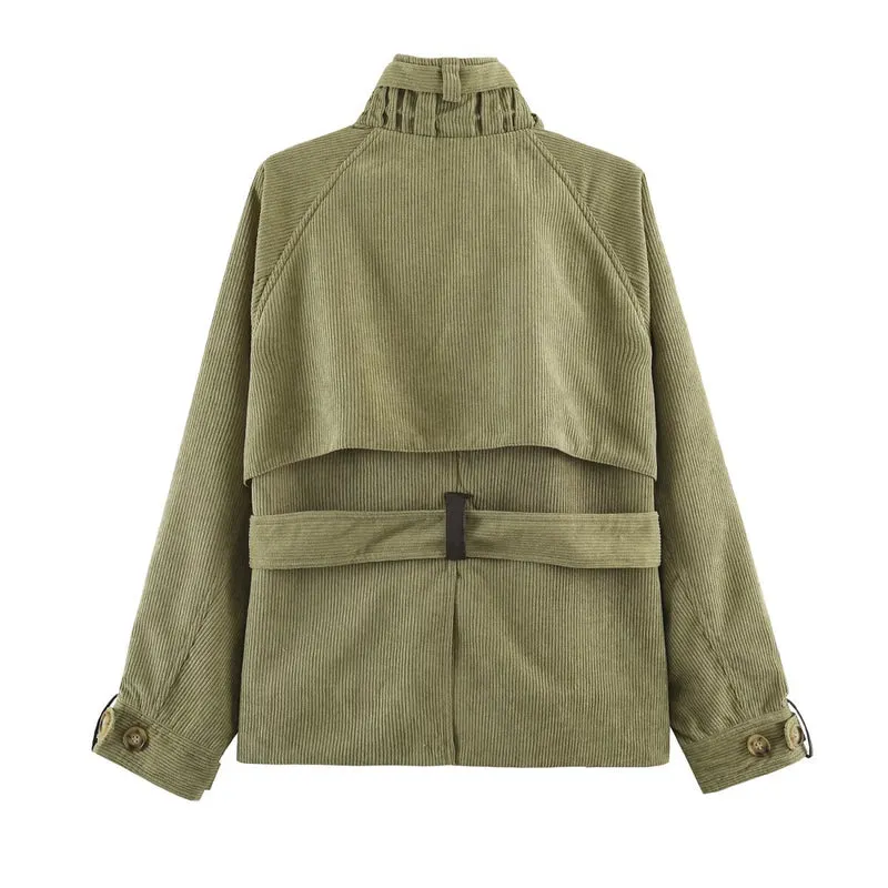 Damen Taillierte Cord‑Kurzjacke mit Bindegürtel, hohem Stehkragen und Pattentaschen Drune