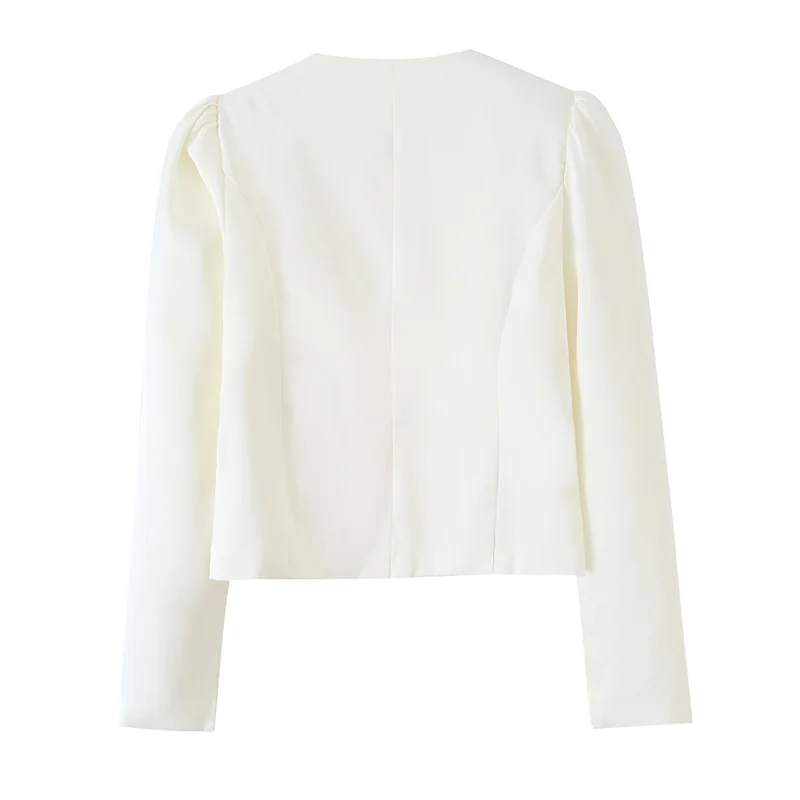 Damen Taillierte Blusenjacke mit Rundhalsausschnitt, Puffschultern und verdeckter Knopfleiste Drune