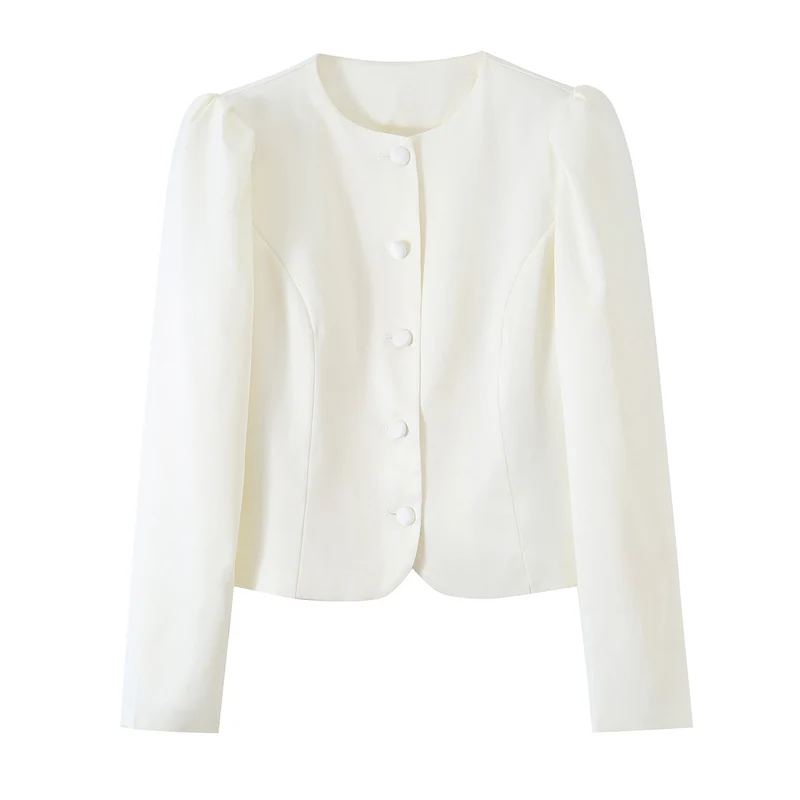 Damen Taillierte Blusenjacke mit Rundhalsausschnitt, Puffschultern und verdeckter Knopfleiste Drune