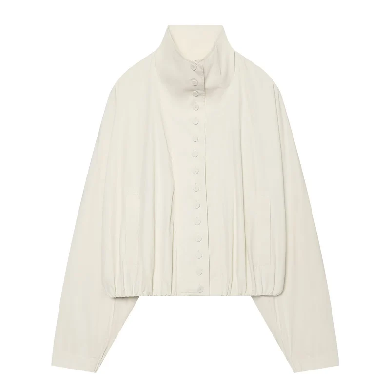 Damen Cropped-Blouson mit hohem Stehkragen, durchgehender Knopfleiste und Ballonärmeln Drune