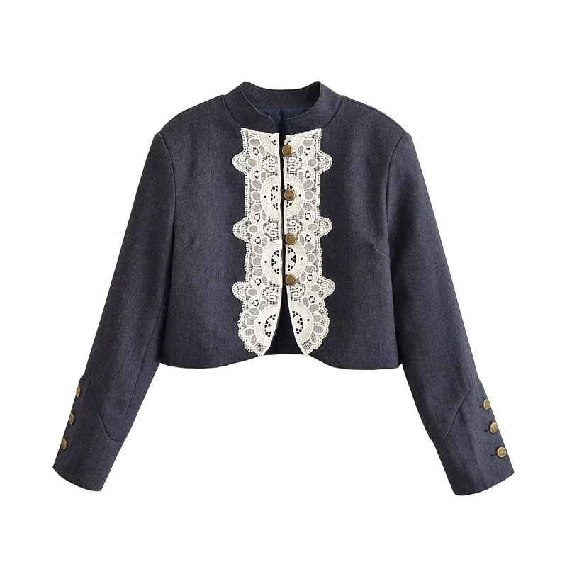 Damen Cropped‑Blazer im Bolero‑Stil mit Spitzenbordüre und Zierknöpfen Drune