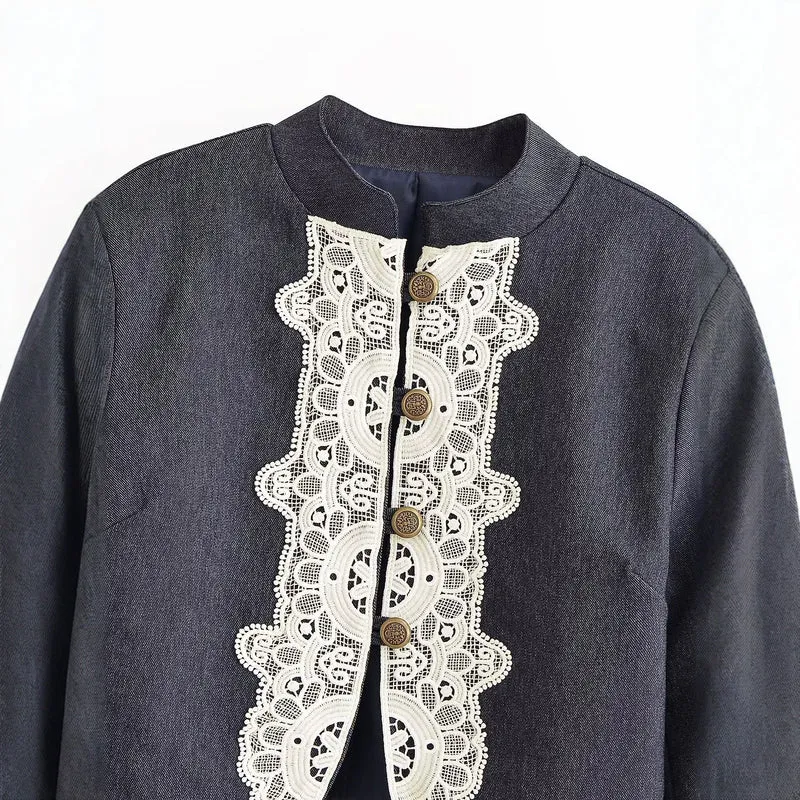 Damen Cropped‑Blazer im Bolero‑Stil mit Spitzenbordüre und Zierknöpfen Drune