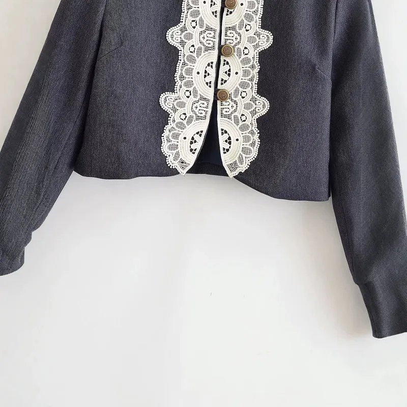 Damen Cropped‑Blazer im Bolero‑Stil mit Spitzenbordüre und Zierknöpfen Drune