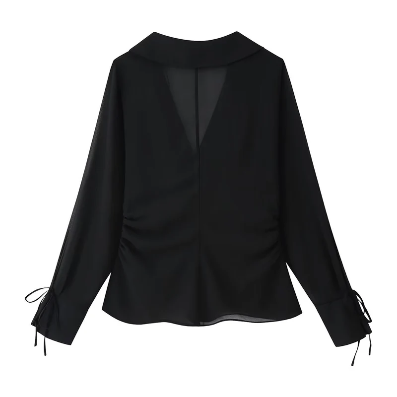 Damen Chiffon-Bluse mit Pailettenbesatz, tiefem V‑Ausschnitt und Bindeband Drune