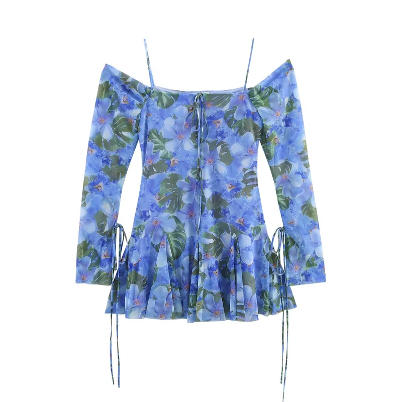 Damen Carmen-Minikleid mit Spaghettiträgern, langen Ärmeln und plissee‑Rock Drune