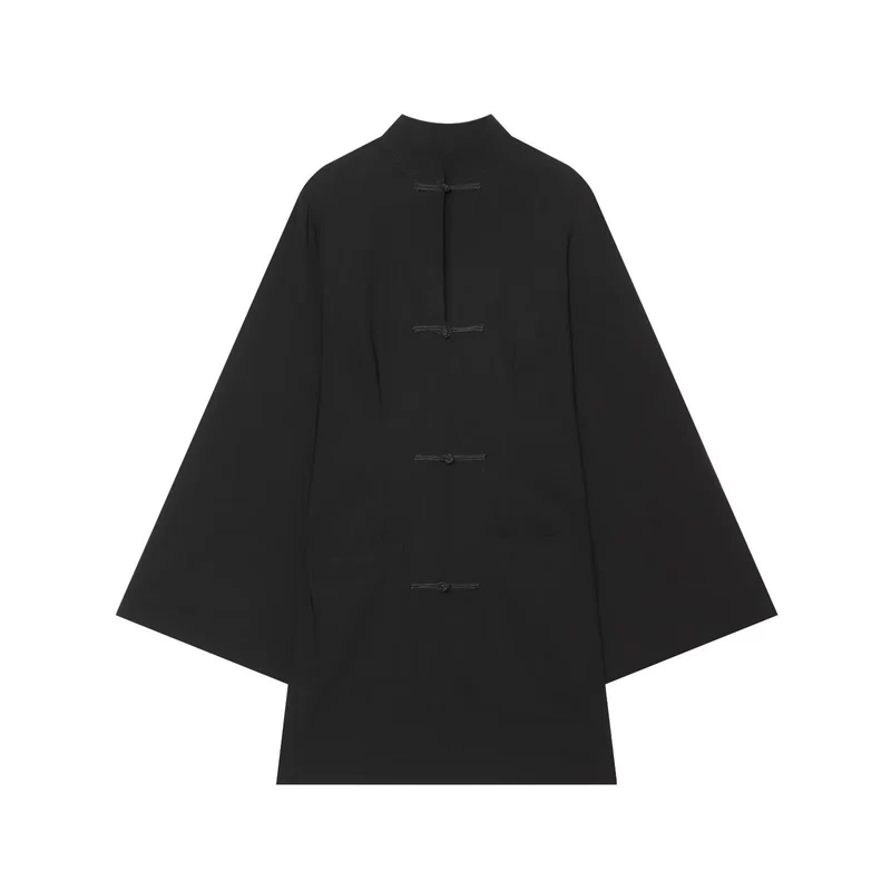 Damen Cape‑Mantel mit Stehkragen chinesischen Knotenverschlüssen und weiten Kimonoärmeln Drune