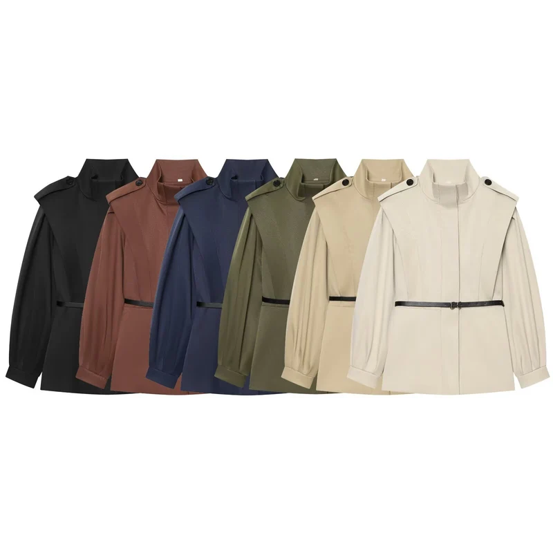 Damen Cape-ähnliche Manteljacke mit Stehkragen, Schulterklappen und Taillengürtel Drune