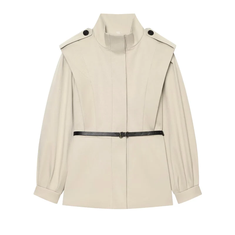 Damen Cape-ähnliche Manteljacke mit Stehkragen, Schulterklappen und Taillengürtel Drune