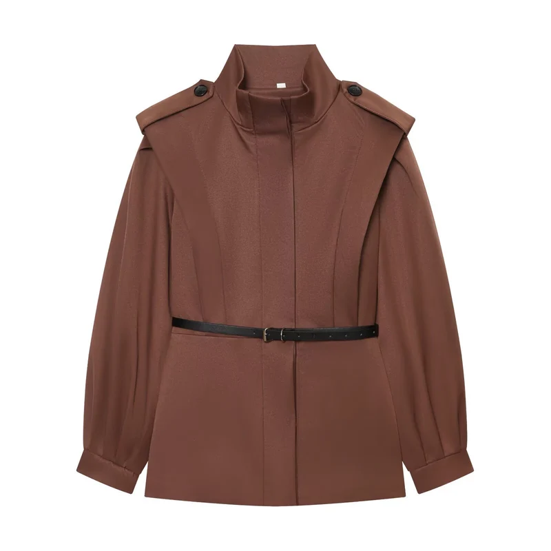 Damen Cape-ähnliche Manteljacke mit Stehkragen, Schulterklappen und Taillengürtel Drune