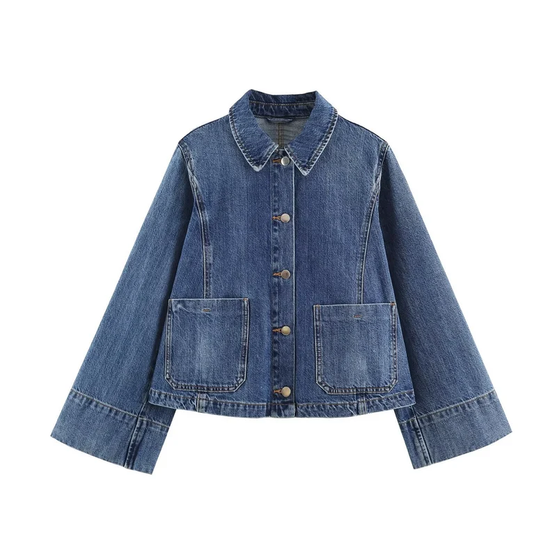 Damen Boxy Jeansjacke mit weiten Ärmeln, aufgesetzten Pattentaschen und Druckknopfverschluss Drune