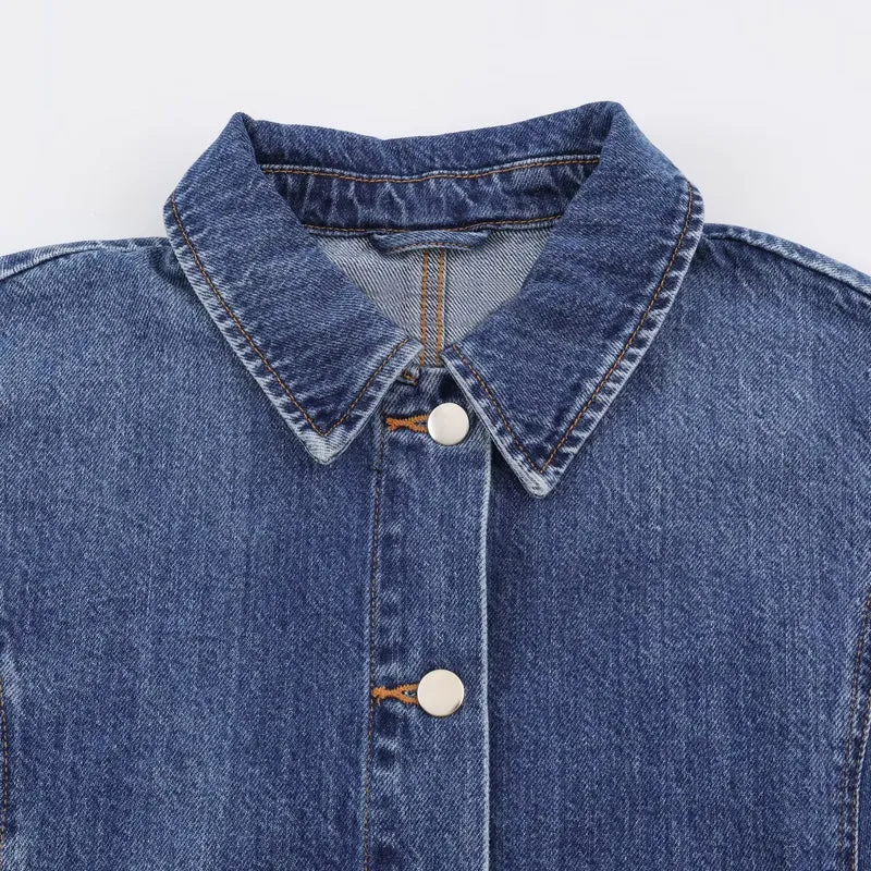 Damen Boxy Jeansjacke mit weiten Ärmeln, aufgesetzten Pattentaschen und Druckknopfverschluss Drune