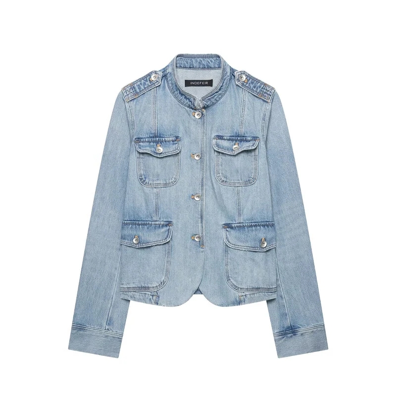 Damen Boxy-Denimjacke im Safari‑Look mit Stehkragen und vier aufgesetzten Taschen Drune