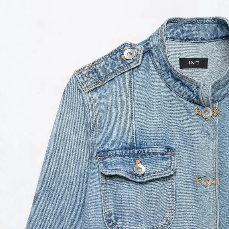 Damen Boxy-Denimjacke im Safari‑Look mit Stehkragen und vier aufgesetzten Taschen Drune
