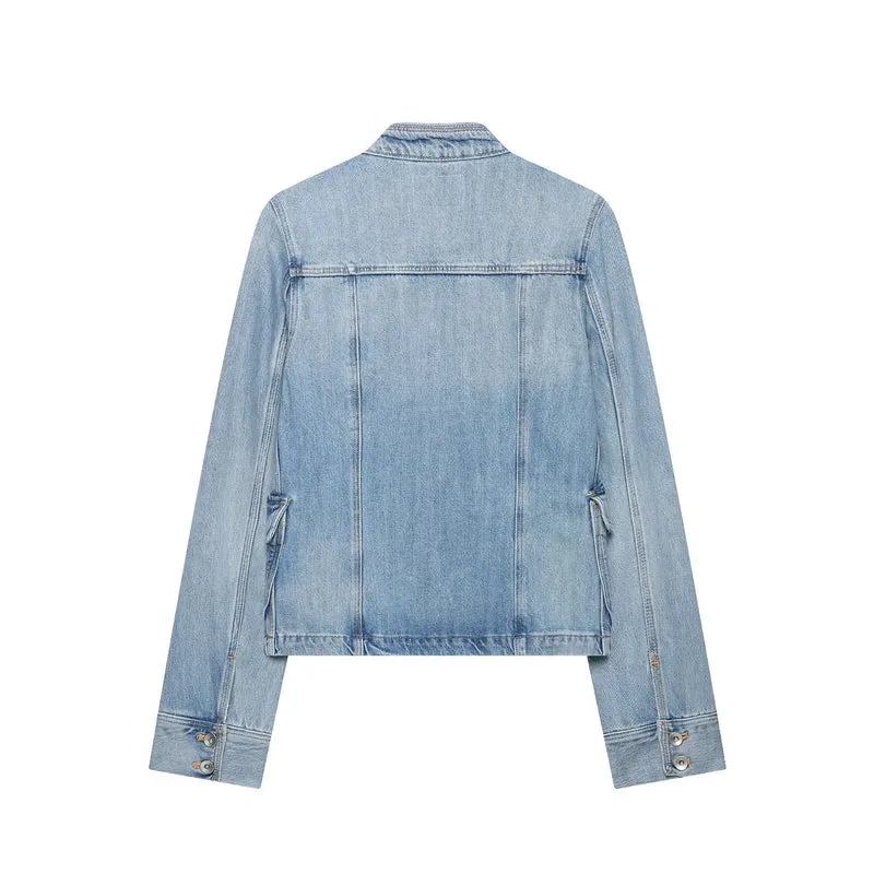 Damen Boxy-Denimjacke im Safari‑Look mit Stehkragen und vier aufgesetzten Taschen Drune