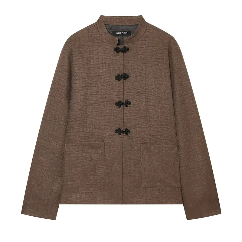 Damen Boxy-Cropped Leinenjacke mit Stehkragen und Froschverschlüssen Drune