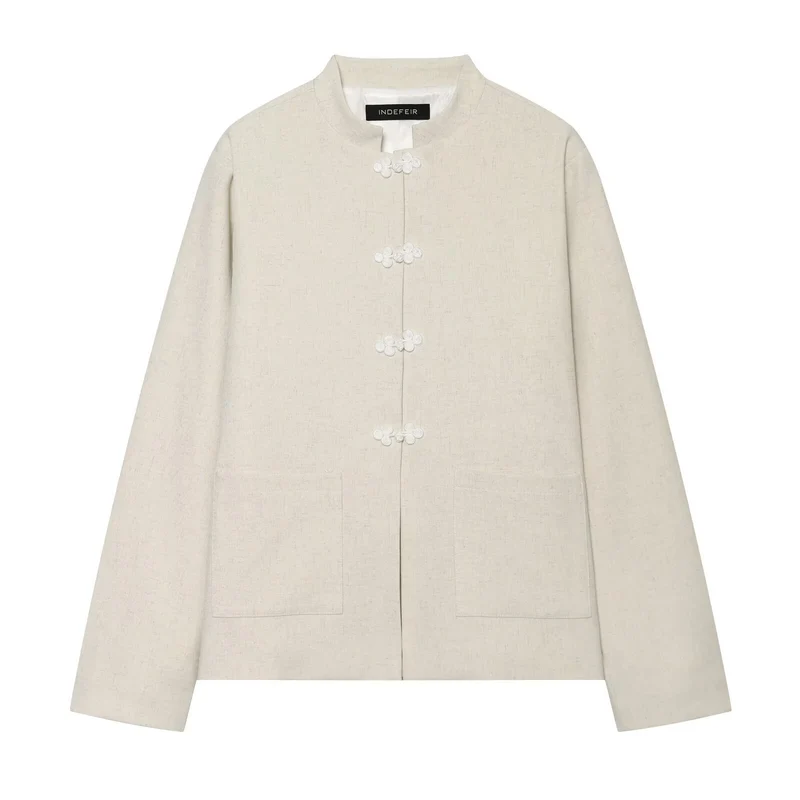 Damen Boxy-Cropped Leinenjacke mit Stehkragen und Froschverschlüssen Drune