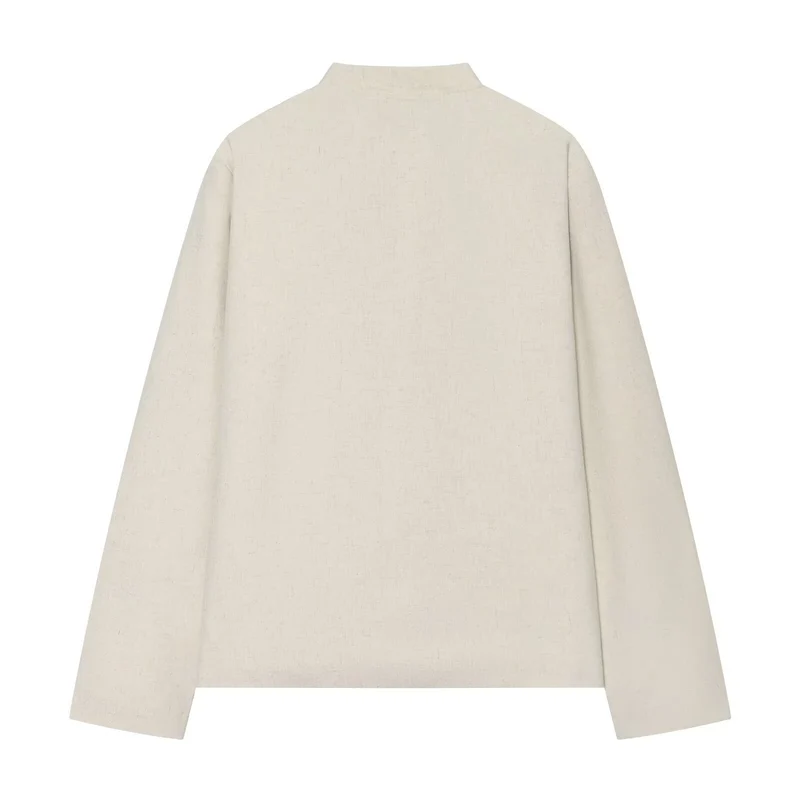 Damen Boxy-Cropped Leinenjacke mit Stehkragen und Froschverschlüssen Drune