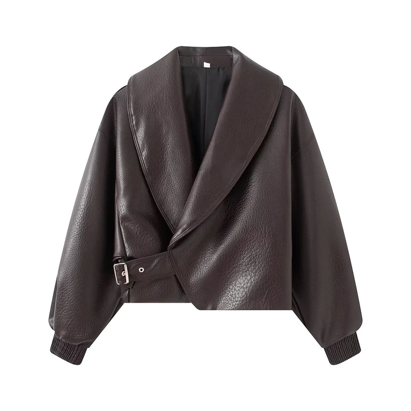 Damen Boxy Cropped Blousonjacke aus Kunstleder mit überlappendem Schalkragen und Taillenriemen Drune