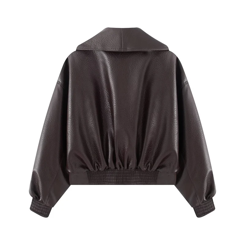 Damen Boxy Cropped Blousonjacke aus Kunstleder mit überlappendem Schalkragen und Taillenriemen Drune