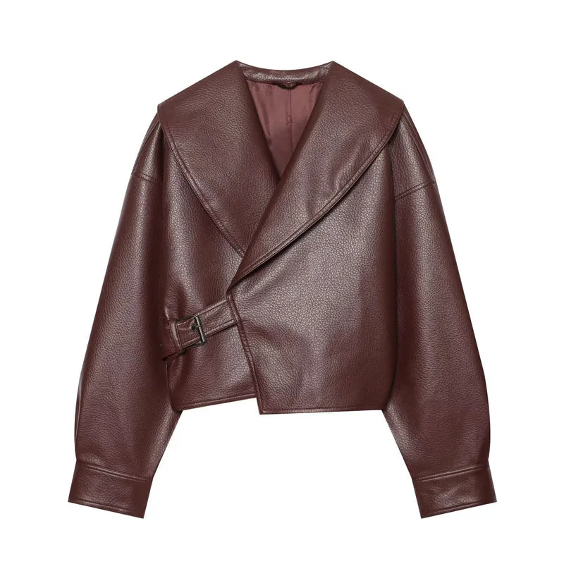Damen Boxy Cropped Blousonjacke aus Kunstleder mit überlappendem Schalkragen und Taillenriemen Drune