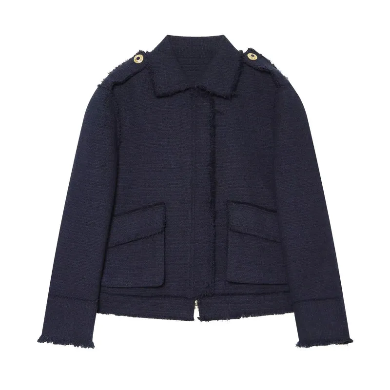 Damen Bouclé‑Tweed Kurzjacke mit Fransenbesatz, Schulterpatten und aufgesetzten Taschen Drune