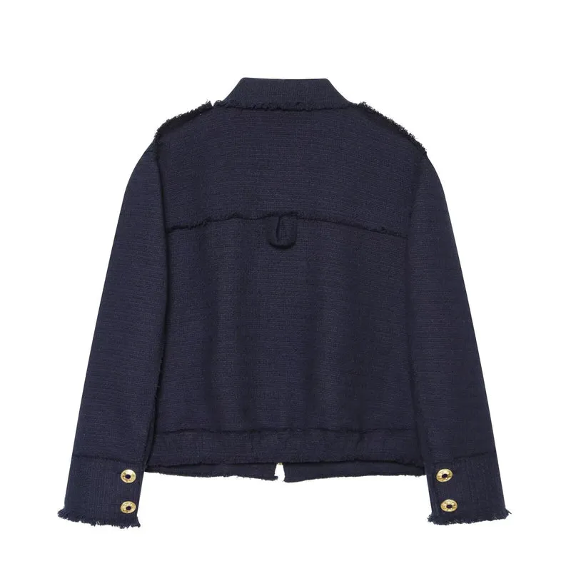 Damen Bouclé‑Tweed Kurzjacke mit Fransenbesatz, Schulterpatten und aufgesetzten Taschen Drune
