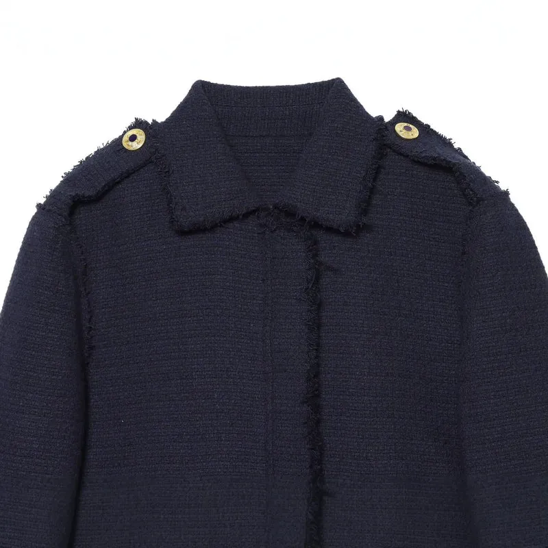Damen Bouclé‑Tweed Kurzjacke mit Fransenbesatz, Schulterpatten und aufgesetzten Taschen Drune