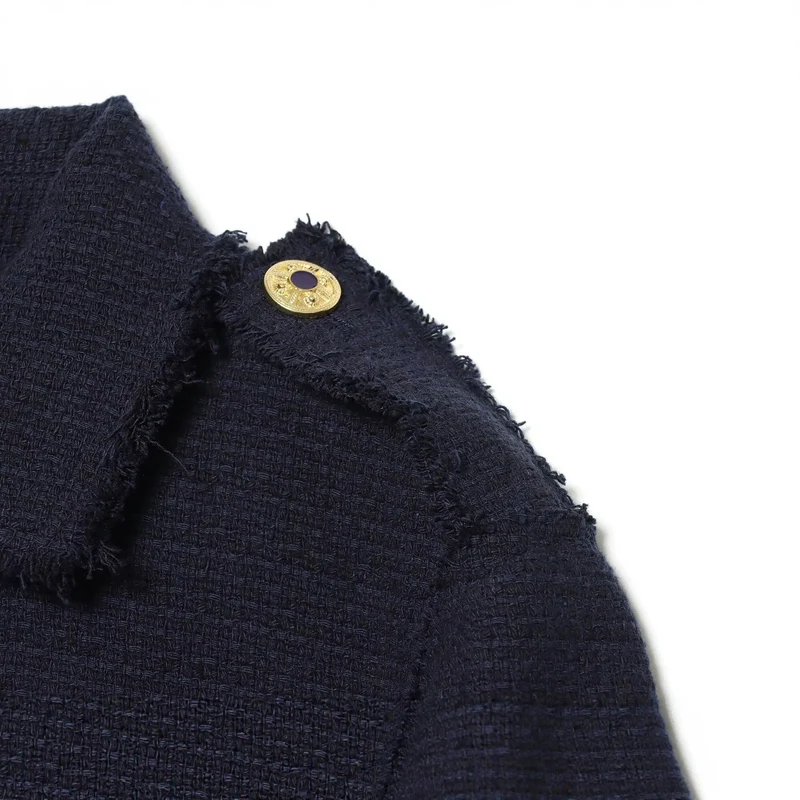 Damen Bouclé‑Tweed Kurzjacke mit Fransenbesatz, Schulterpatten und aufgesetzten Taschen Drune
