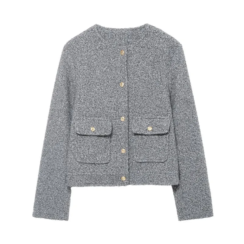 Damen Bouclé-Boxy-Jacke mit goldenen Knöpfen und aufgesetzten Taschen Drune