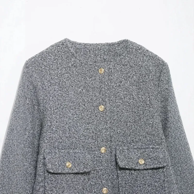Damen Bouclé-Boxy-Jacke mit goldenen Knöpfen und aufgesetzten Taschen Drune