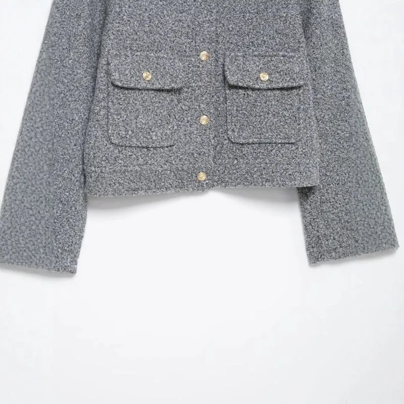 Damen Bouclé-Boxy-Jacke mit goldenen Knöpfen und aufgesetzten Taschen Drune