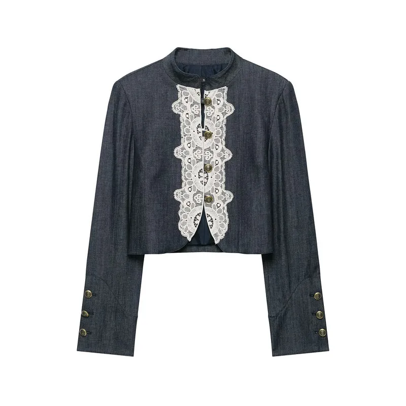 Damen Boleroartige Kurzjacke im Vintage-Denim‑Stil mit Spitzenpasse und Messingknöpfen Drune