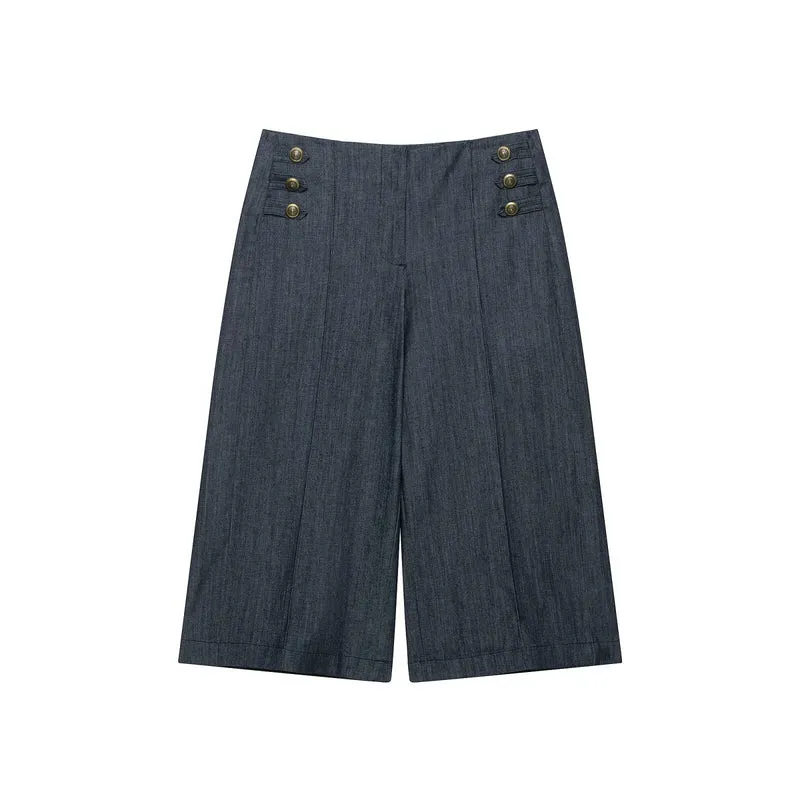 Damen Boleroartige Kurzjacke im Vintage-Denim‑Stil mit Spitzenpasse und Messingknöpfen Drune