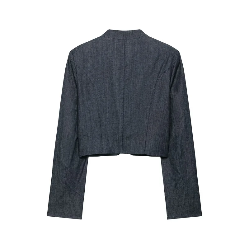 Damen Boleroartige Kurzjacke im Vintage-Denim‑Stil mit Spitzenpasse und Messingknöpfen Drune
