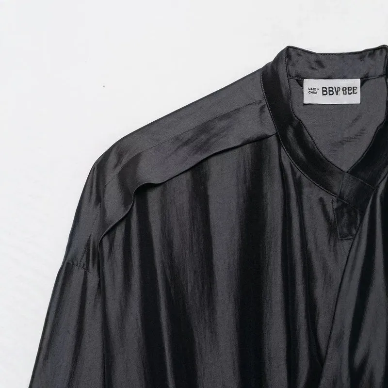 Damen Bluse mit Stehkragen, Tunnelzugtaillierung und weiten Manschetten Drune